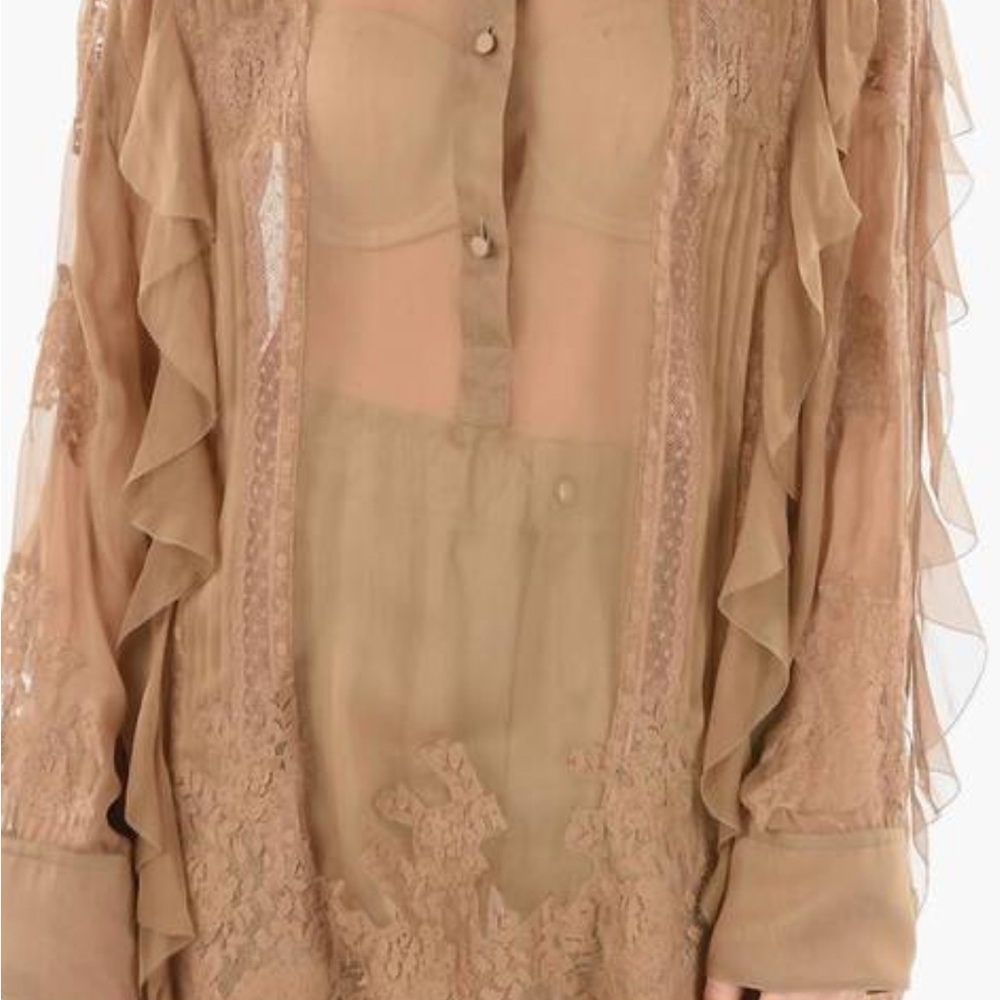Valentino Sheer Ruffle Lace Blouse - Tan - Picture 8 of 10